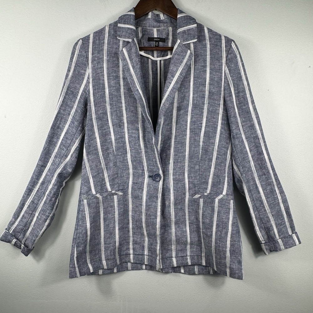 DREW of Anthropologie, Women's Size XS, Blue & White Striped Linen Casual Blazer